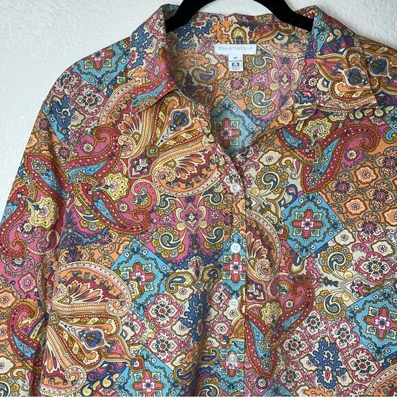 Charter Club Button Down Shirt 3/4 sleeves Paisley print 100% cotton size 14 - Picture 7 of 16